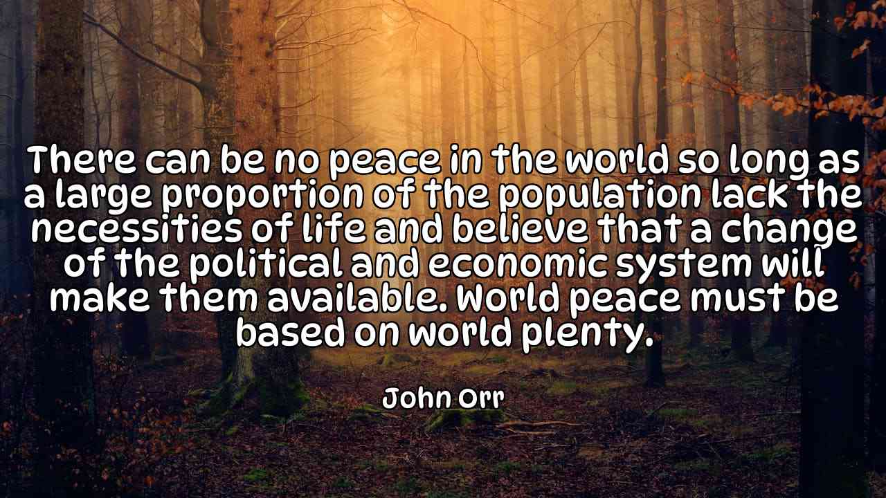 There can be no peace in the world so long as a large proportion of the population lack the necessities of life and believe that a change of the political and economic system will make them available. World peace must be based on world plenty. - John Orr