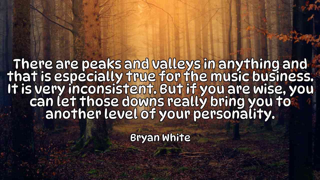 There are peaks and valleys in anything and that is especially true for the music business. It is very inconsistent. But if you are wise, you can let those downs really bring you to another level of your personality. - Bryan White