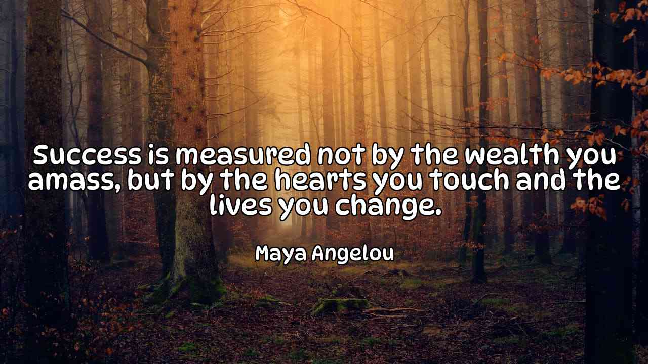 Success is measured not by the wealth you amass, but by the hearts you touch and the lives you change. - Maya Angelou