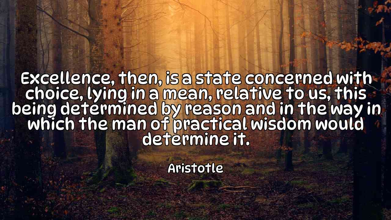 Excellence, then, is a state concerned with choice, lying in a mean, relative to us, this being determined by reason and in the way in which the man of practical wisdom would determine it. - Aristotle