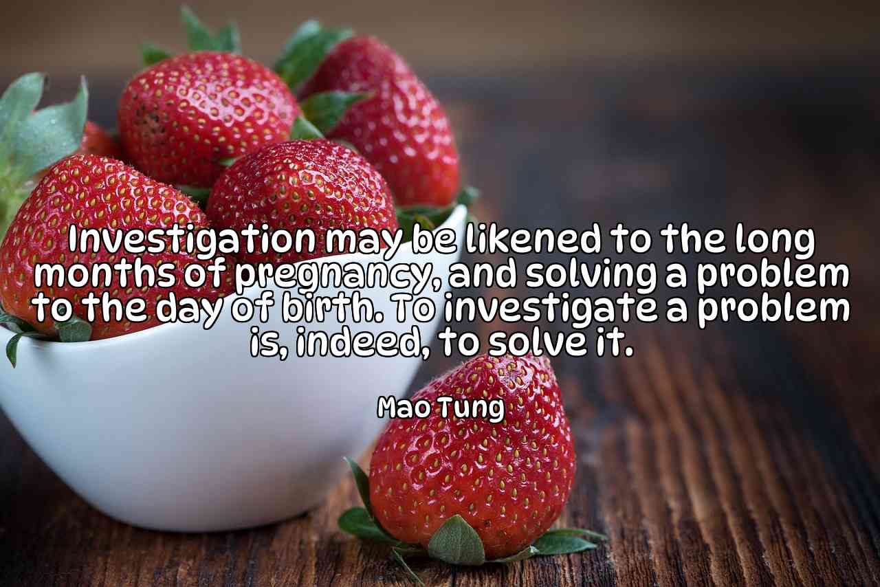 Investigation may be likened to the long months of pregnancy, and solving a problem to the day of birth. To investigate a problem is, indeed, to solve it. - Mao Tung